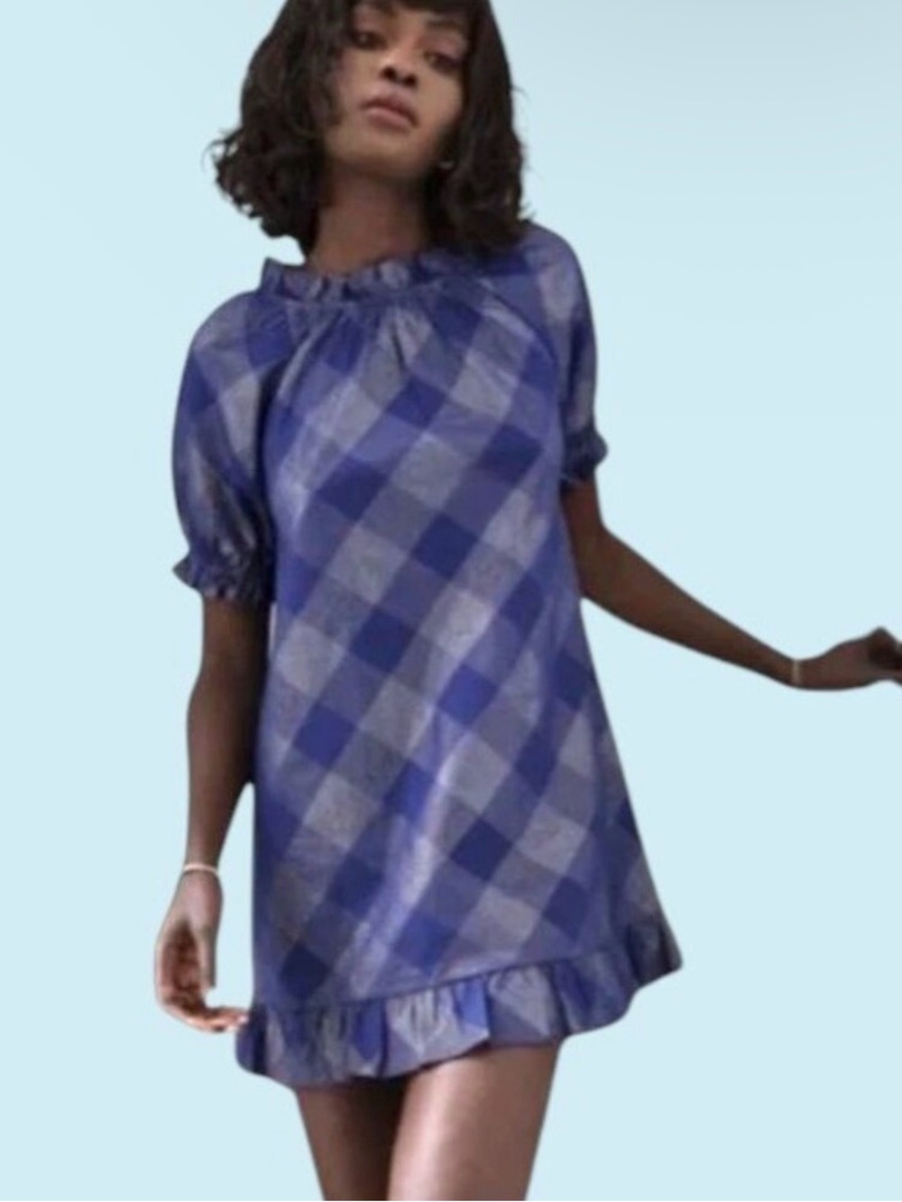 Hill House Katherine Iridescent Blue Plaid Ruffle-Hem Mini Dress — Size M